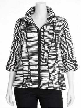 Caroline Rose Zip Jacket Size L PETITE Black White Abstract Stripe Stand Collar